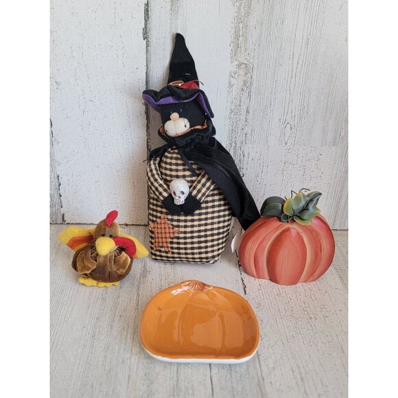 Cat witch turkey Pumpkin trinket Halloween Thanksgiving home decor set - Picture 1 of 5
